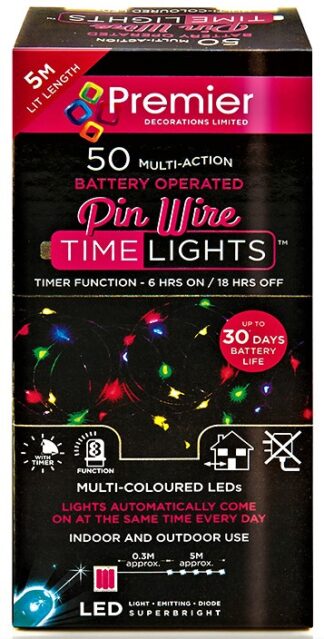 Premier Battery Operated MultiAction PinWire 50 LED Time Lights - MultiColoured  5186414 (LB151209M)