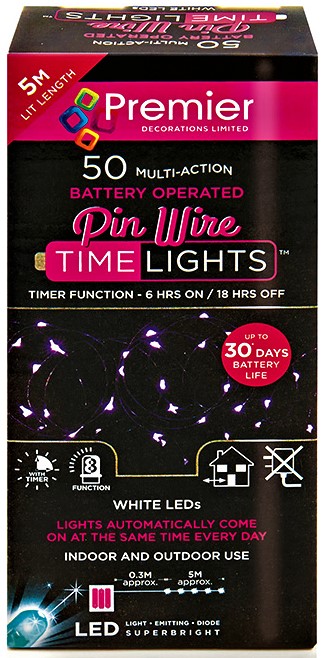 Premier Battery Operated MultiAction PinWire 50 LED Time Lights - White  5186393 (LB151209W)