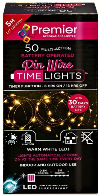 Premier Battery Operated MultiAction PinWire 50 LED Time Lights - Warm White 5184881 (LB151209WW)