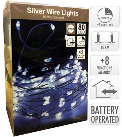 Koopman Battery Operated Silver Wire 80 LED Lights - White 4481122 (AX9720720)