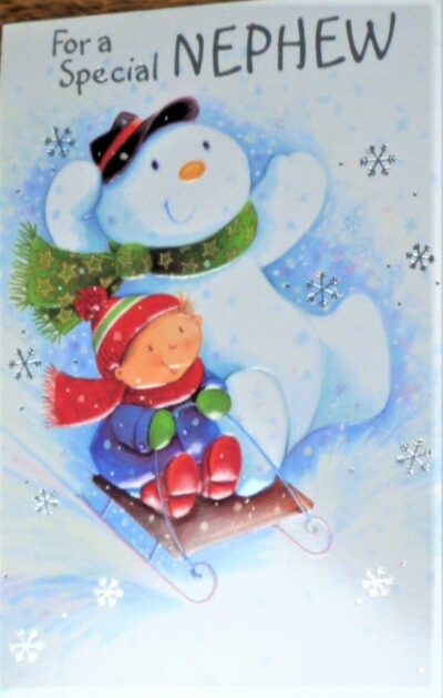 Nephew Christmas Card - Snowman Sledging or Gate Front Door 280XSE16163