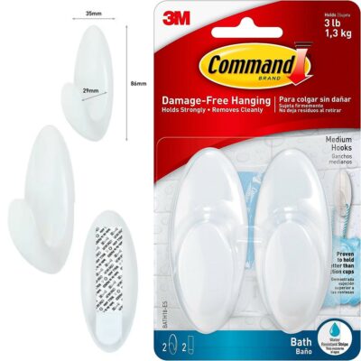 3M Command 2 White Bathroom Hooks - Medium  BATH18-ES