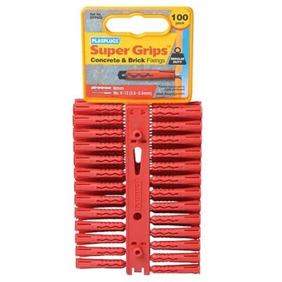 PlasPlugs 100 Solid Wall Super Grips Fixings - Red PLASRP502
