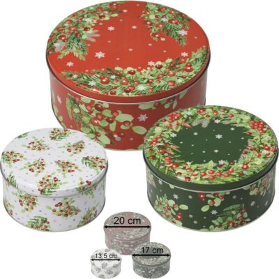 Koopman 3 x Christmas Round Cookie Tins - Red