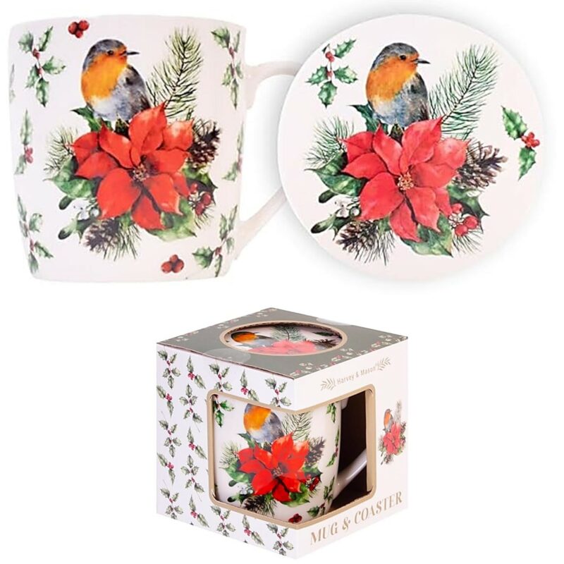 RSW Christmas Mug and Coaster Set - Robin & Poinsetta 5772381