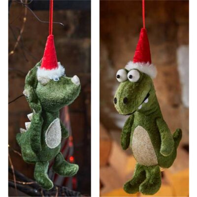 Three Kings 20cm Plush Festive Dino Pendant - Green T-Rex or Triceratops 0541617